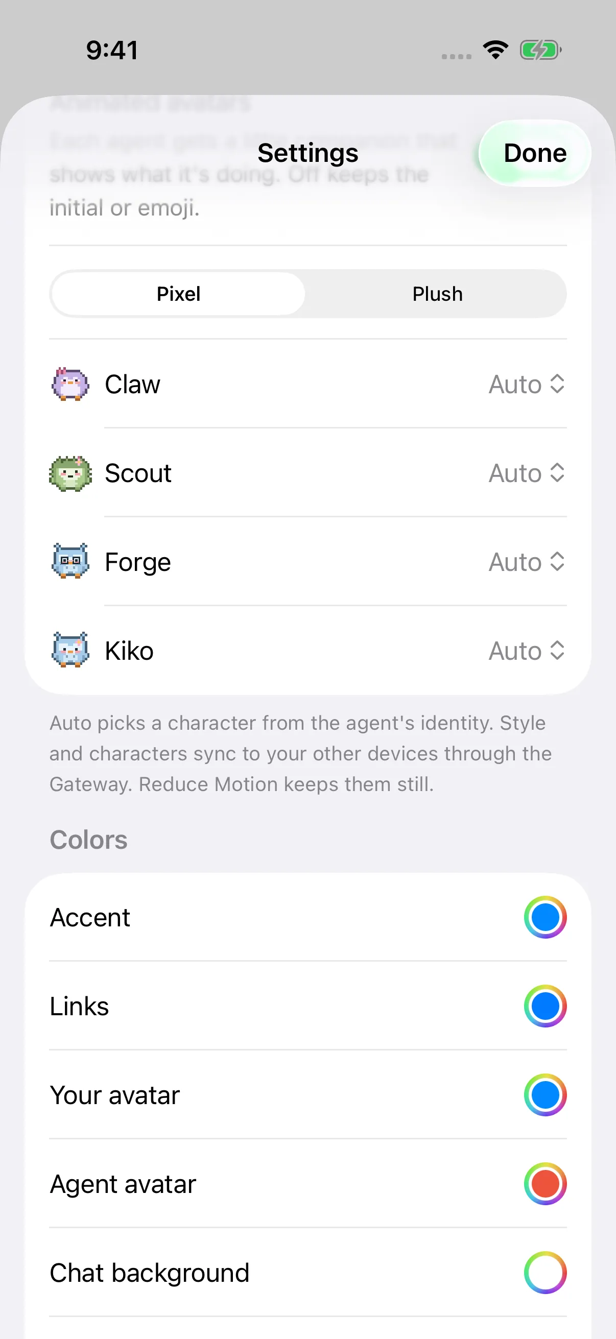 Avatar settings with Pixel and Plush styles and per-agent character choices. iPhone view.