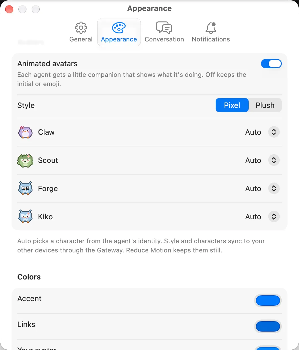 Avatar settings with Pixel and Plush styles and per-agent character choices.