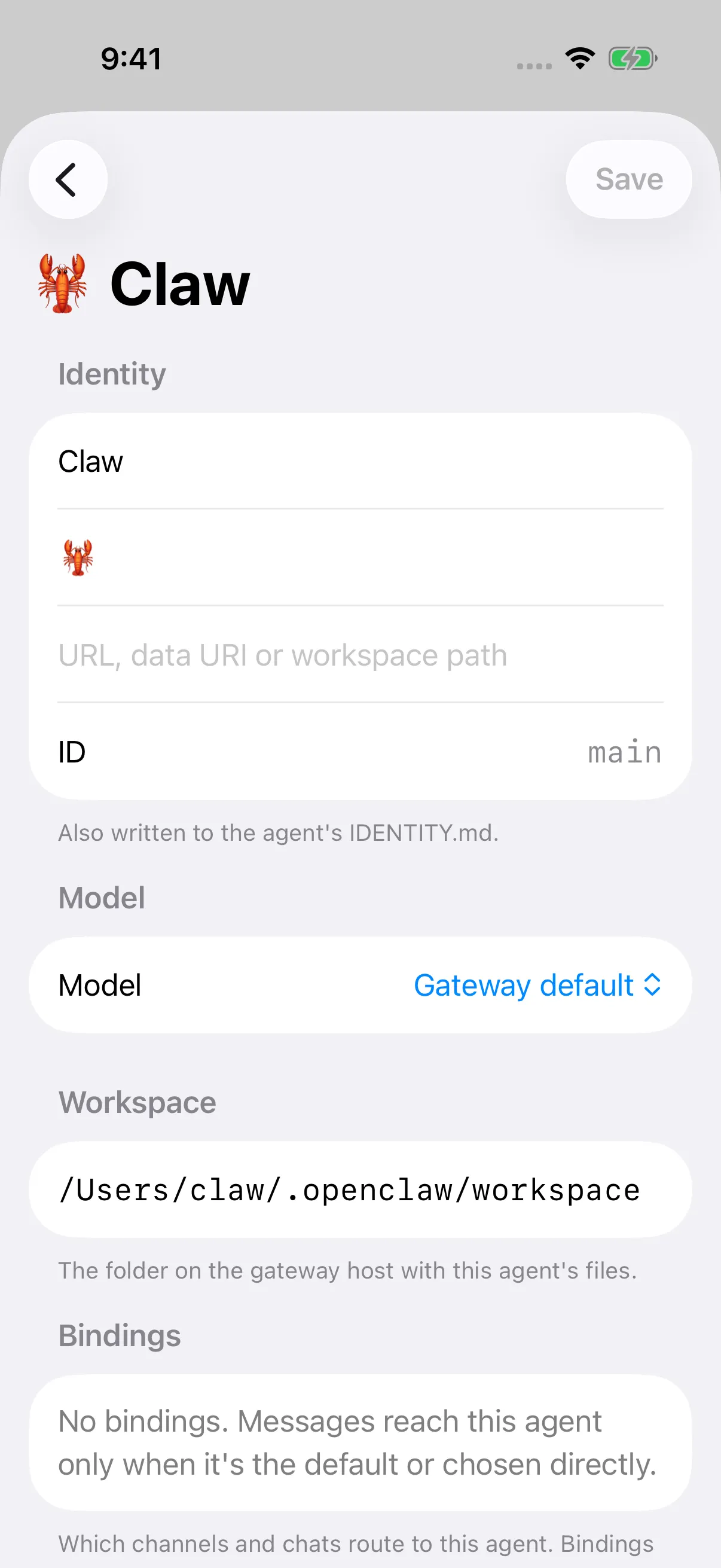 Claw agent editor with identity, model, workspace and binding settings.