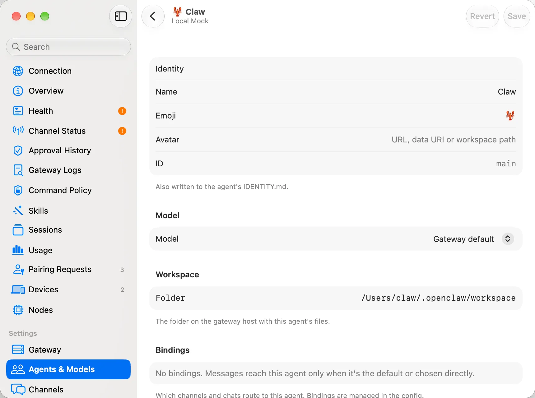 Claw agent editor with identity, model, workspace and binding settings.