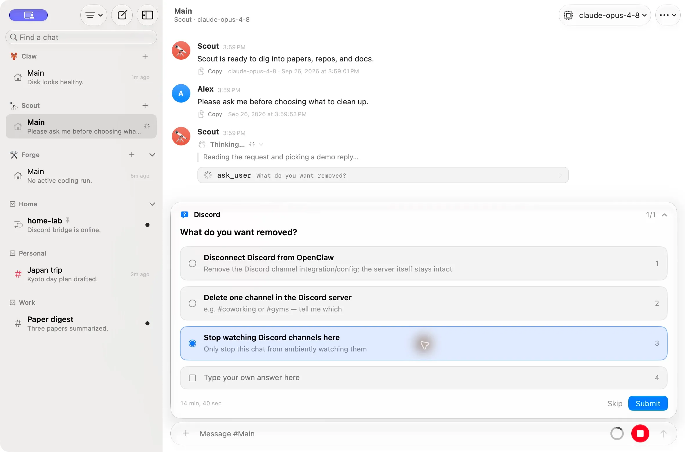 Agent question with three choices, a custom-answer field, Skip, and Submit; the third option is selected.