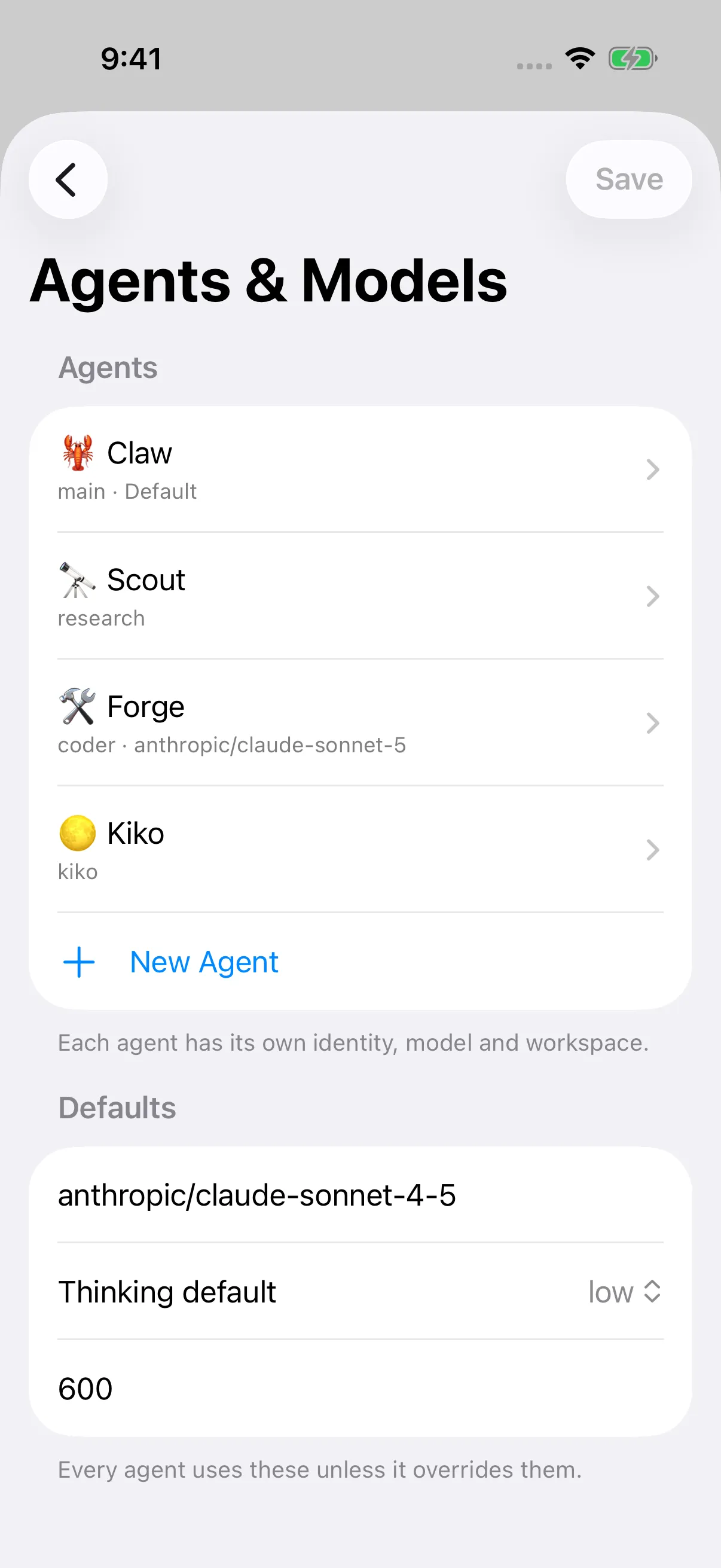 Agents and Models listing Claw, Scout, Forge and Kiko.