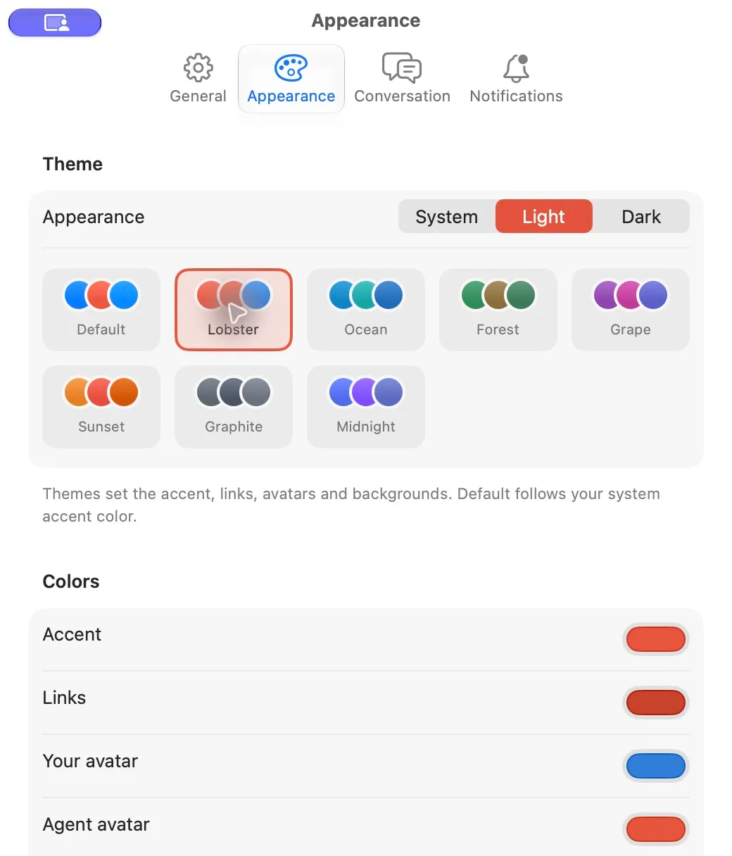 Appearance settings with Light mode, Lobster selected, and theme color controls.