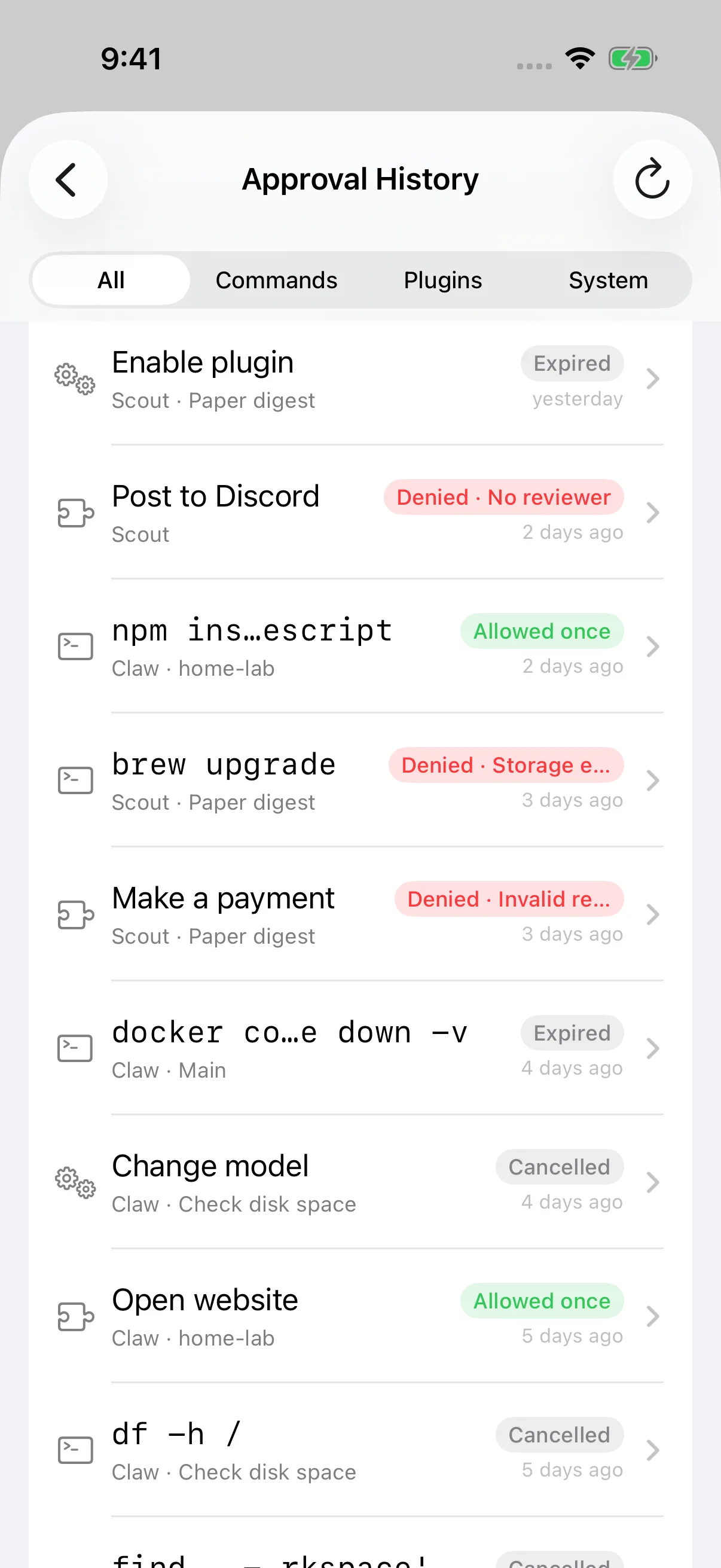 Approval History with sample allowed, denied, expired, and cancelled requests.