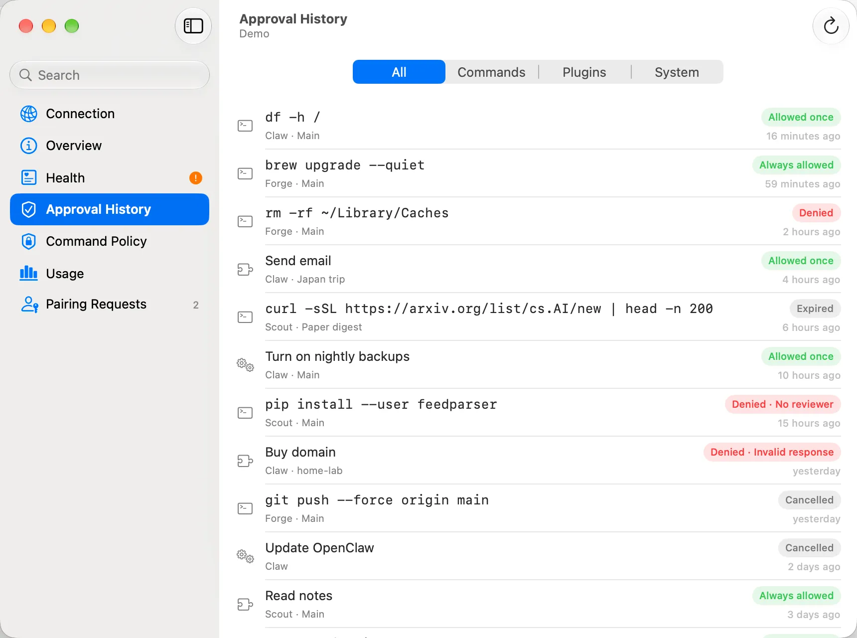 Approval History with sample allowed, denied, expired, and cancelled requests.