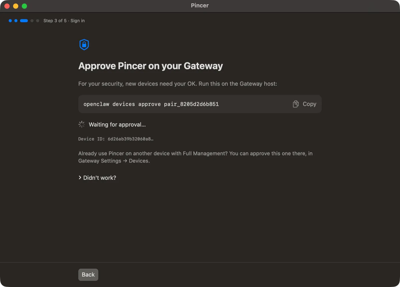 Approve Pincer on your Gateway, with the command openclaw devices approve and a request ID, a Copy button, Waiting for approval…, and a note about approving from another device in Gateway Settings → Devices.