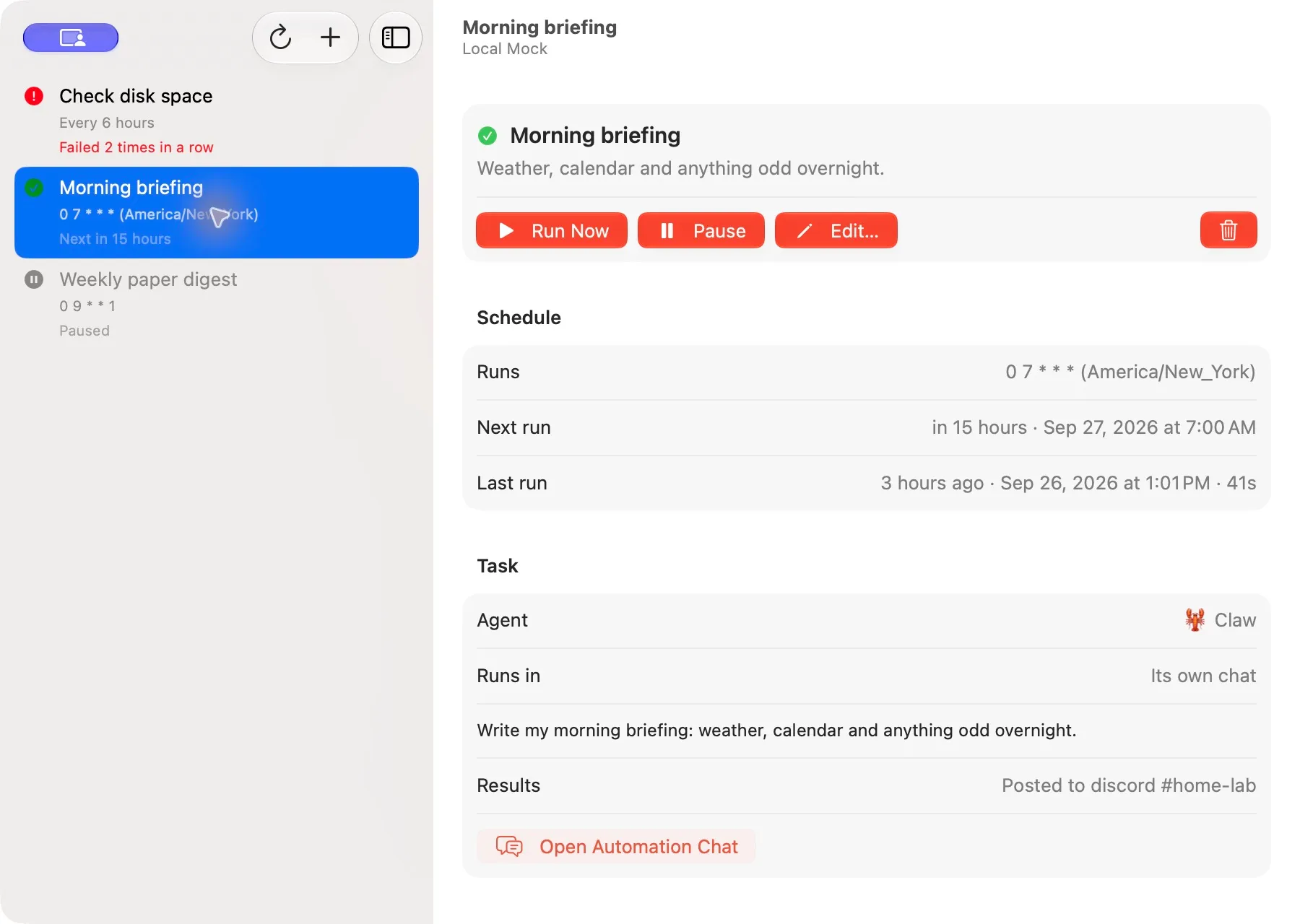 Morning briefing automation details with its schedule, task, delivery to home-lab, and Run Now, Pause, and Edit controls.