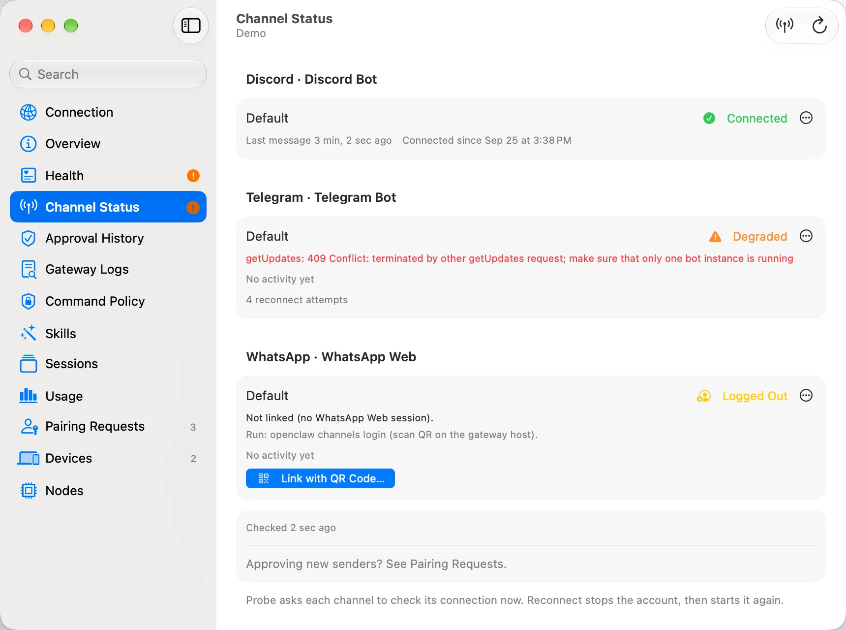 Channel Status with connected Discord, degraded Telegram and logged-out WhatsApp.