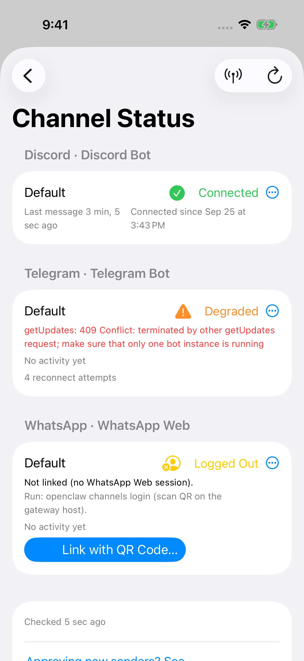 Channel Status with connected Discord, degraded Telegram and logged-out WhatsApp. iPhone view.
