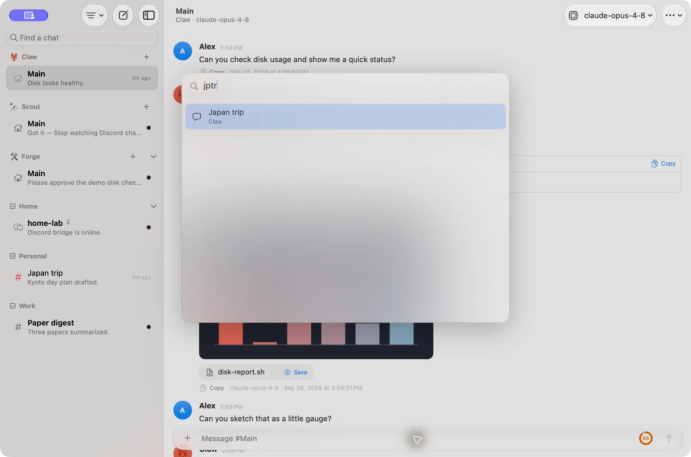 Pincer on macOS, demo capture: the ⌘K palette finding a chat as you type.