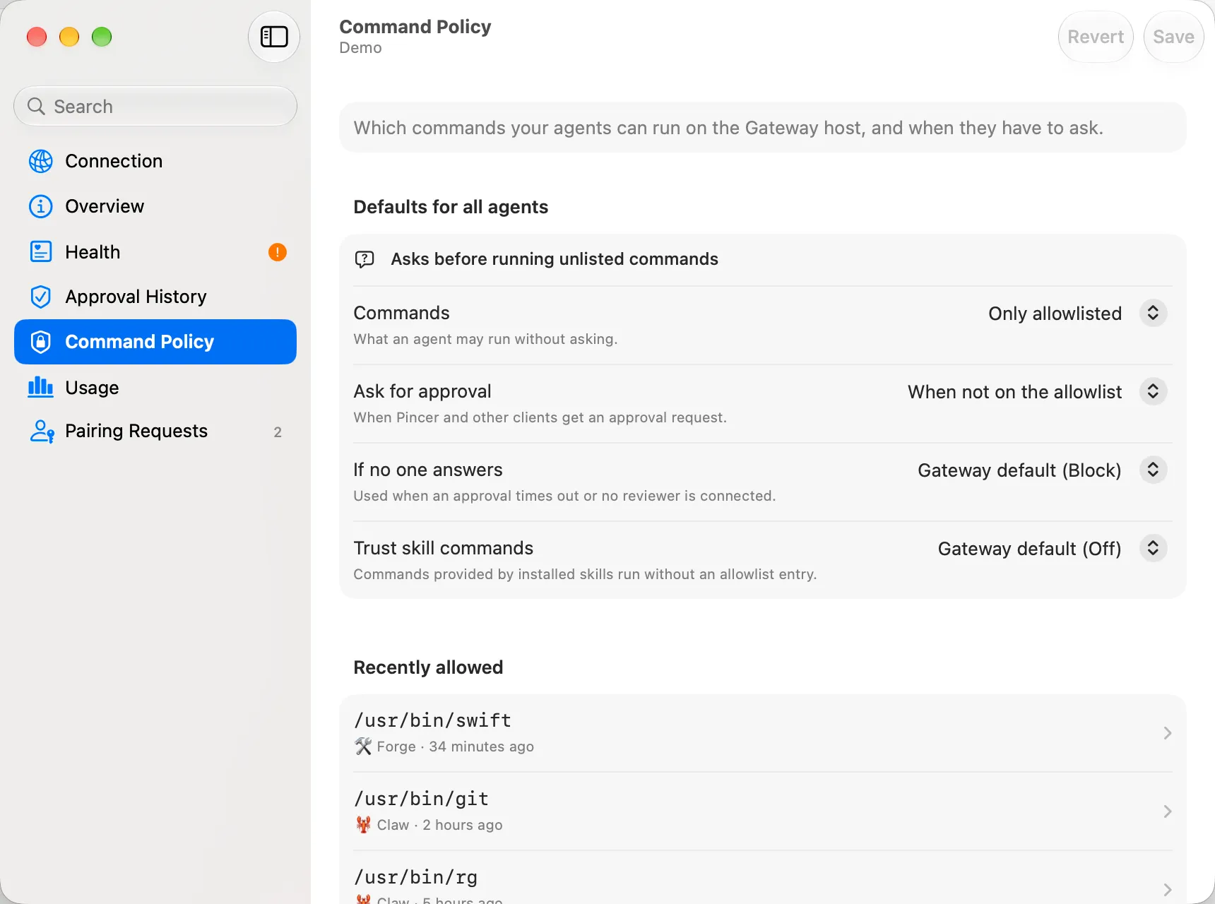 Command Policy showing allowlist defaults, approval rules, and recently allowed commands.