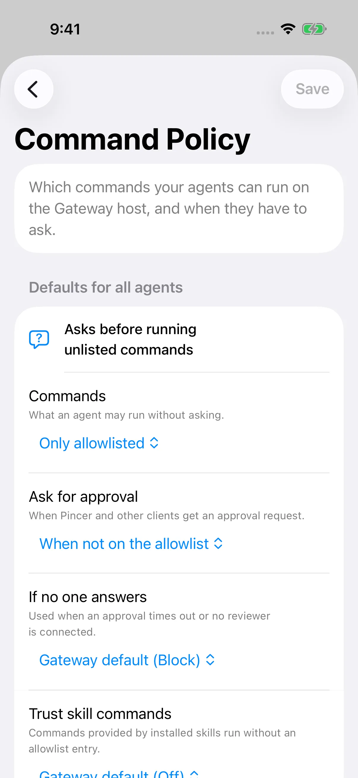 iPhone Command Policy with allowlist defaults and rules for approval requests and timeouts.