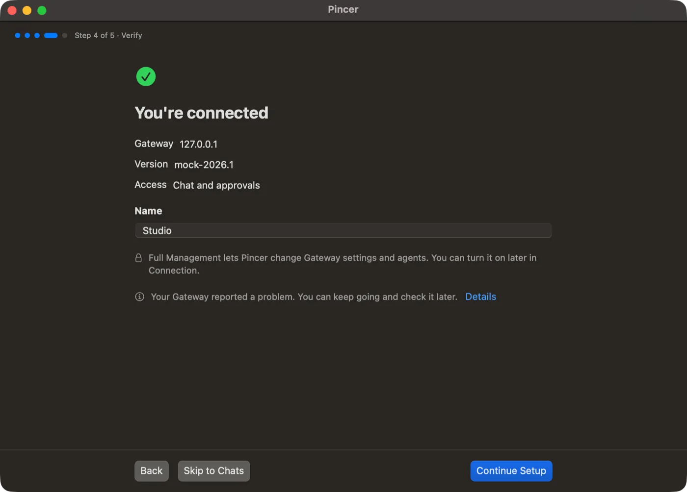 You're connected, listing the gateway, its version and access (Chat and approvals), a Name field set to Studio, a Full Management note and a health note with Details, above Back, Skip to Chats and Continue Setup.