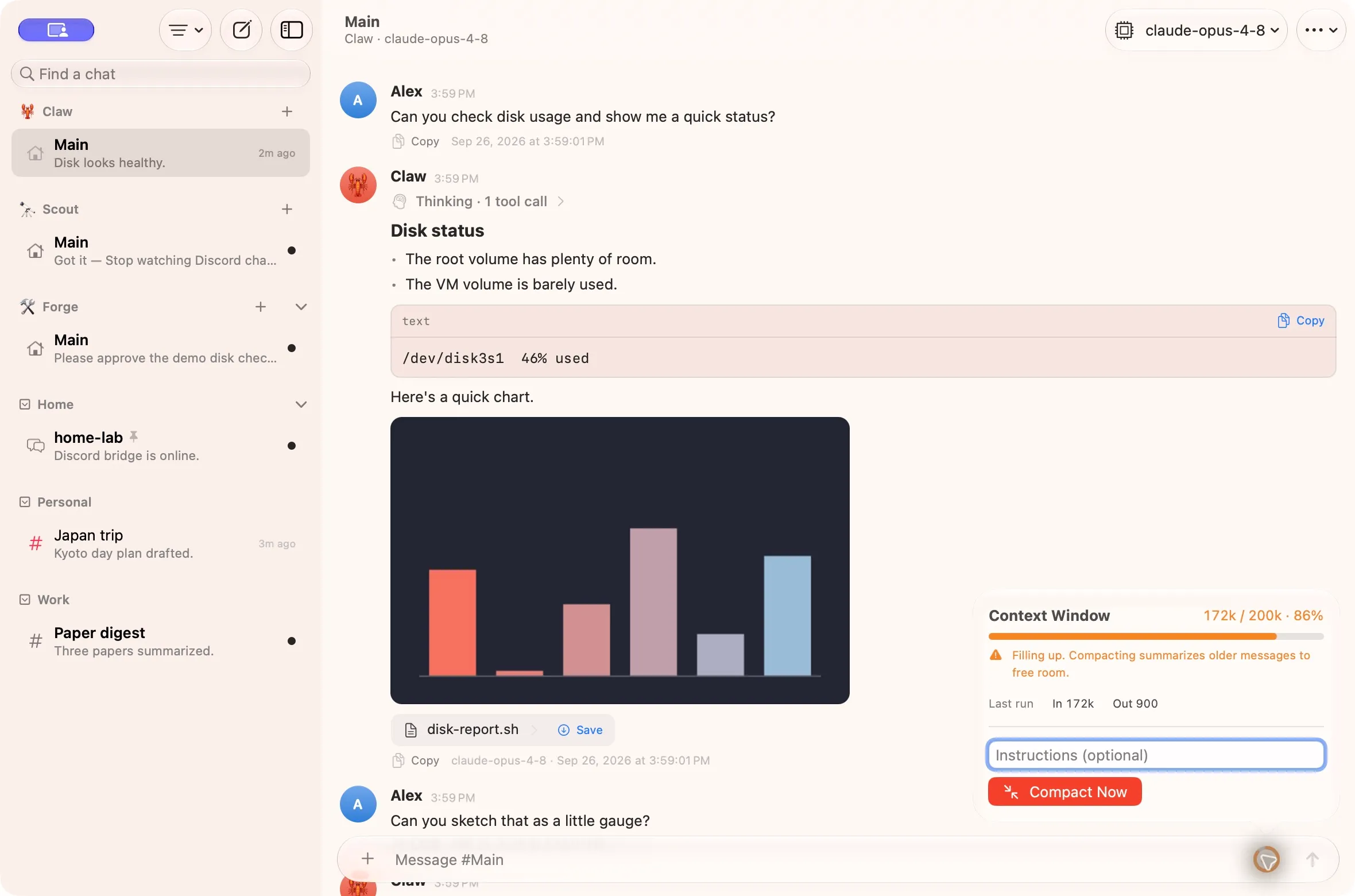 Context Window popover showing 172k of 200k tokens, optional instructions, and Compact Now.
