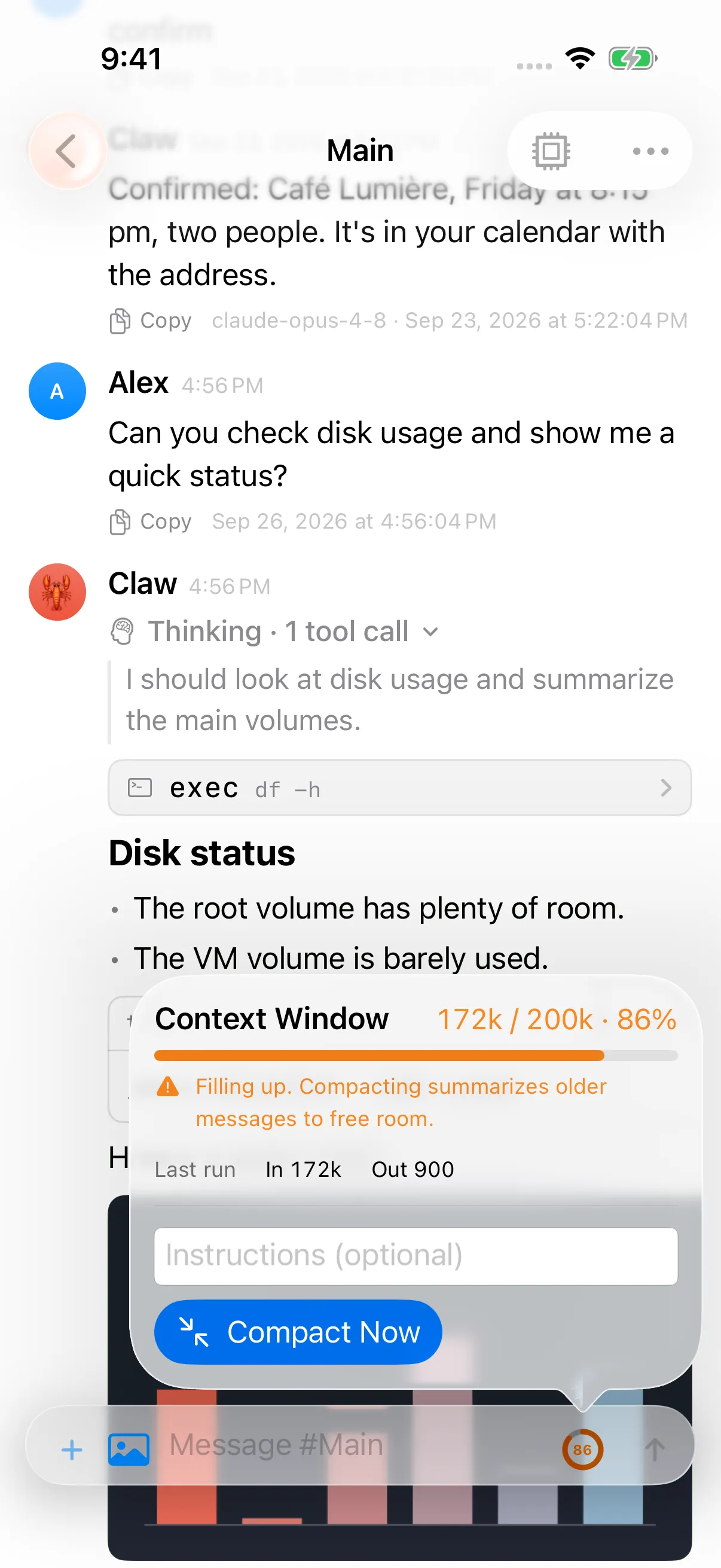 iPhone Context Window showing 172k of 200k tokens and Compact Now.