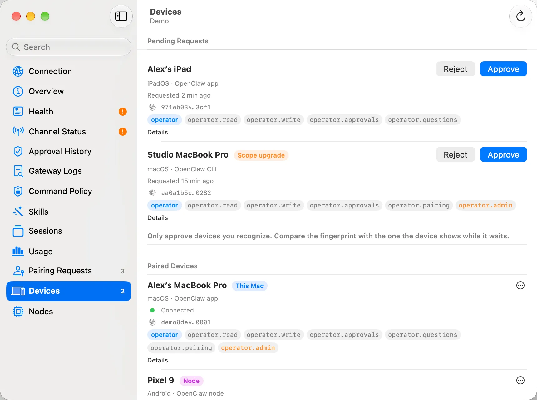 Operator Devices page with a fictional iPad pairing request and a Mac scope upgrade.