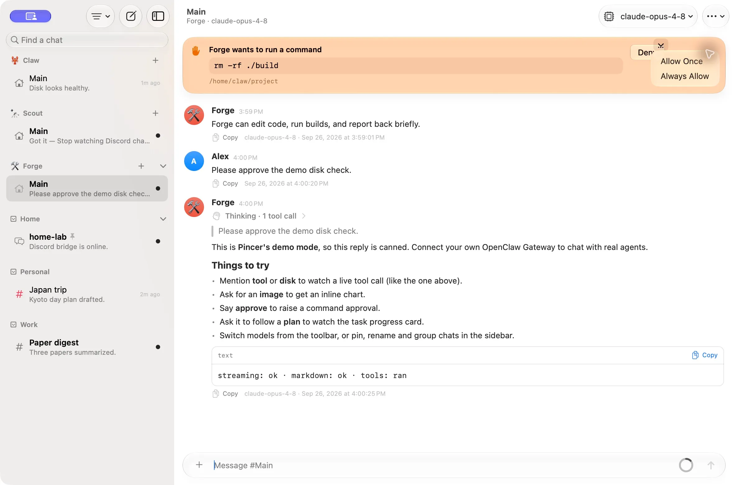 Pincer on macOS, demo capture: an exec approval request with allow once, always allow and deny.