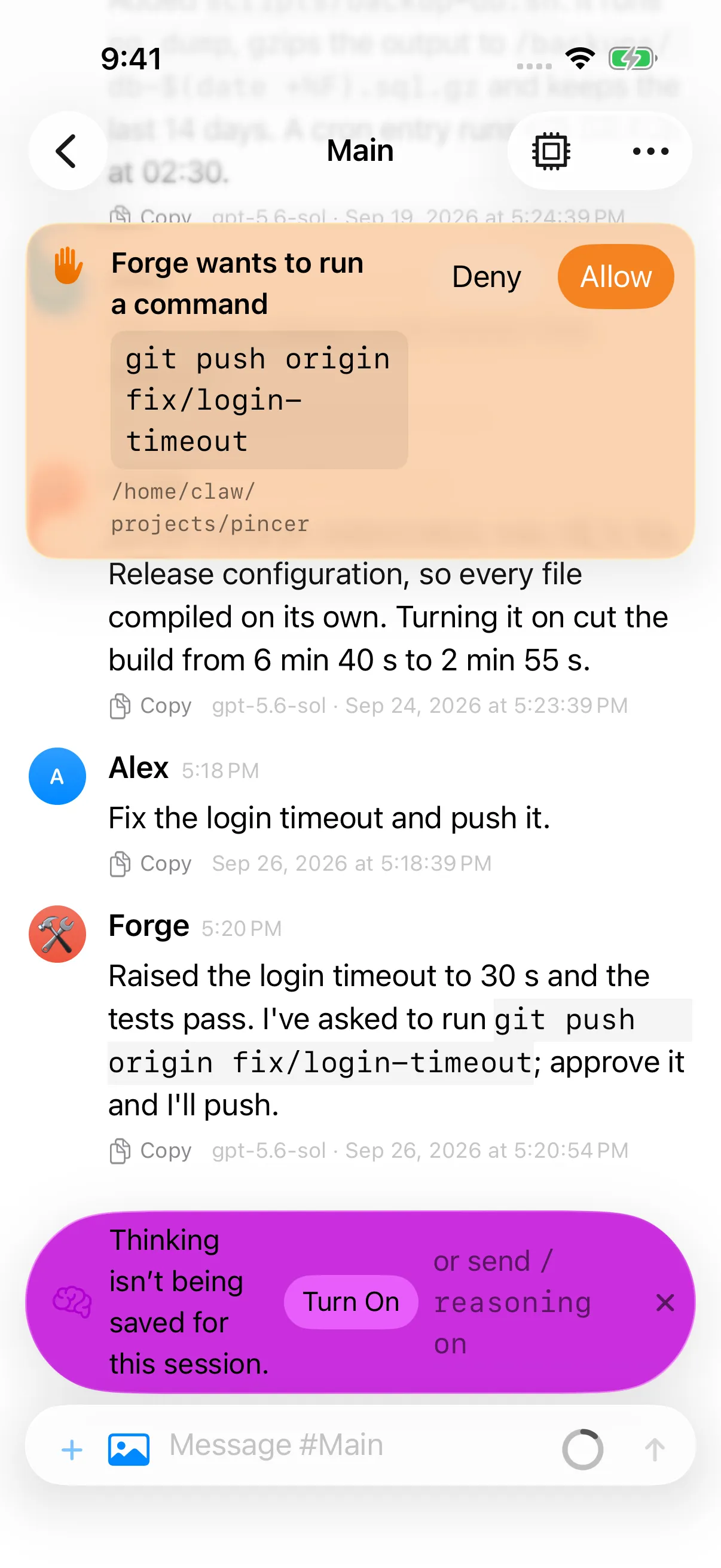 Pincer on iPhone, demo capture: the same exec approval request.