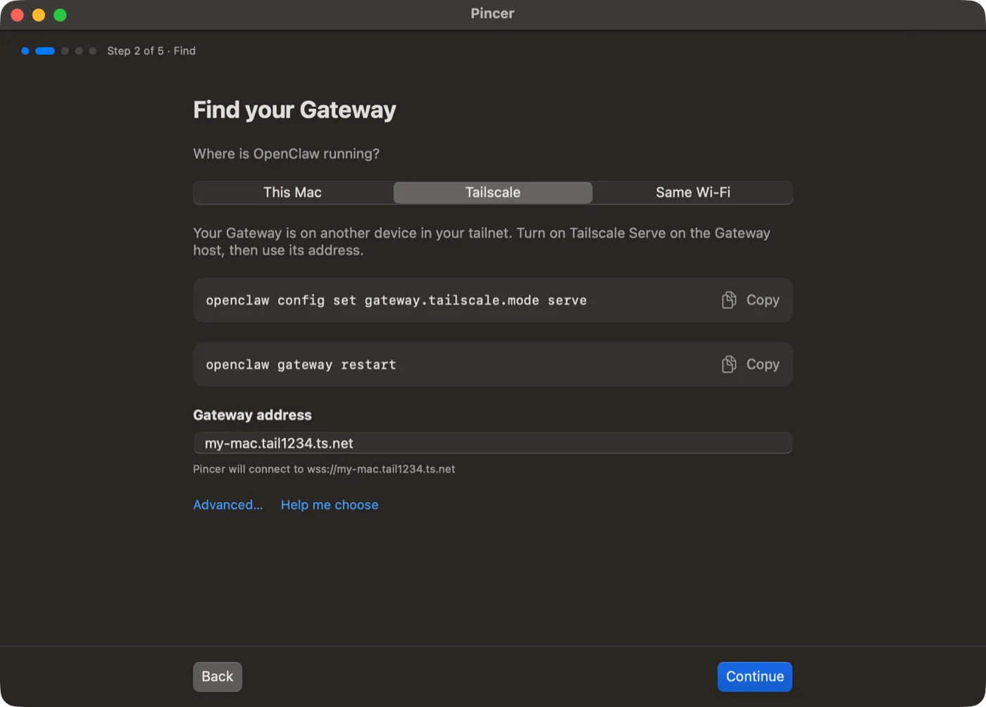 Find your Gateway with Tailscale selected, the two Tailscale Serve commands, and the address my-mac.tail1234.ts.net, which Pincer will connect to as wss://my-mac.tail1234.ts.net.