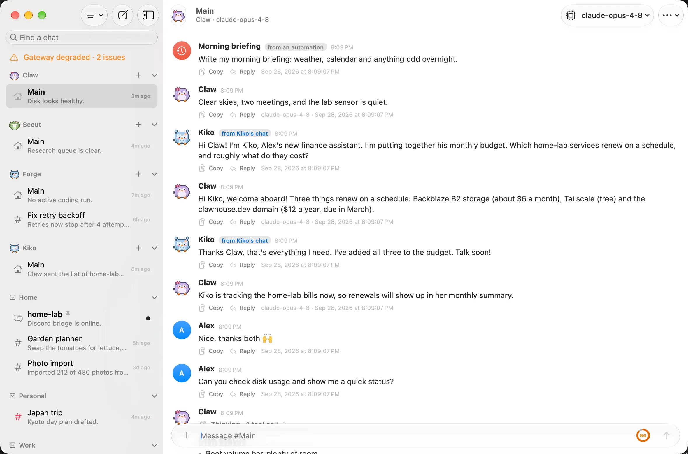 Claw transcript with messages from Kiko and an automation, each labeled with its source.