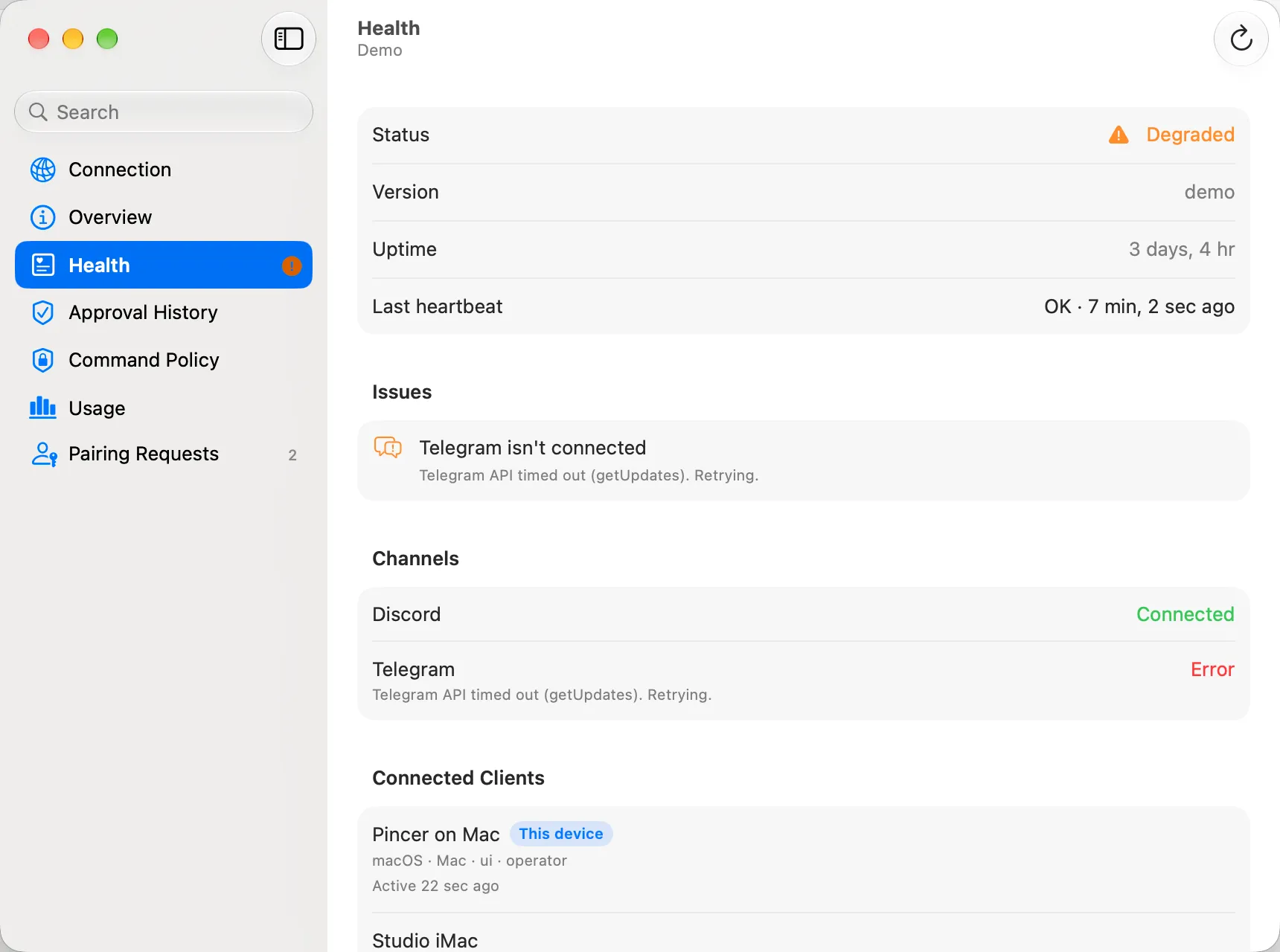 Gateway Health showing a simulated Telegram connection issue and channel status.
