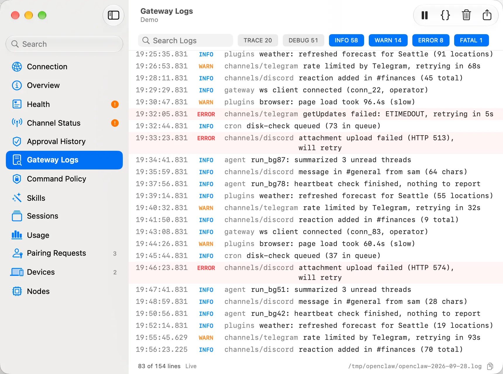 Gateway Logs with timestamped info, warning and error records from the demo.