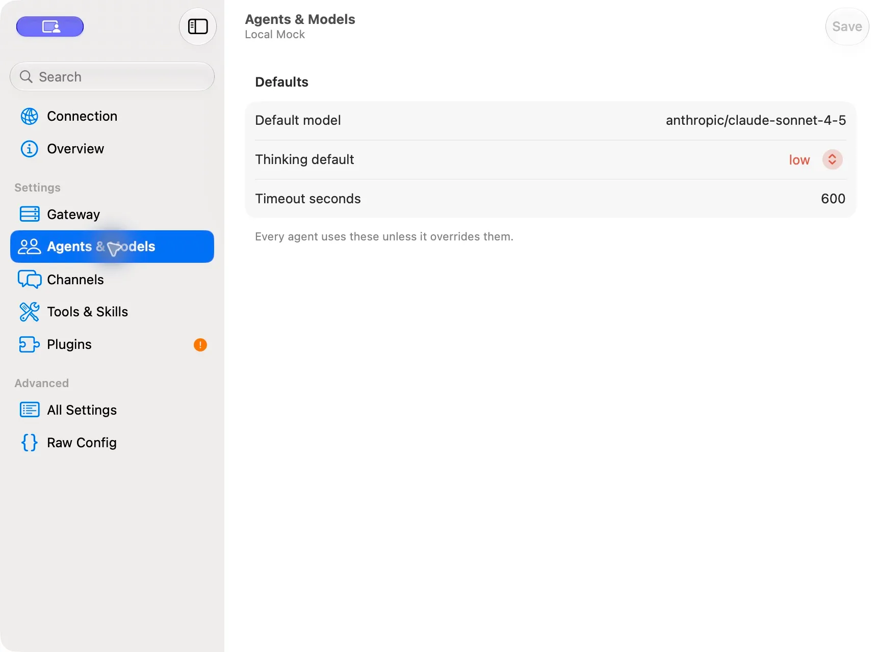 Gateway Settings showing the Agents and Models page and editable default model, thinking level, and timeout.