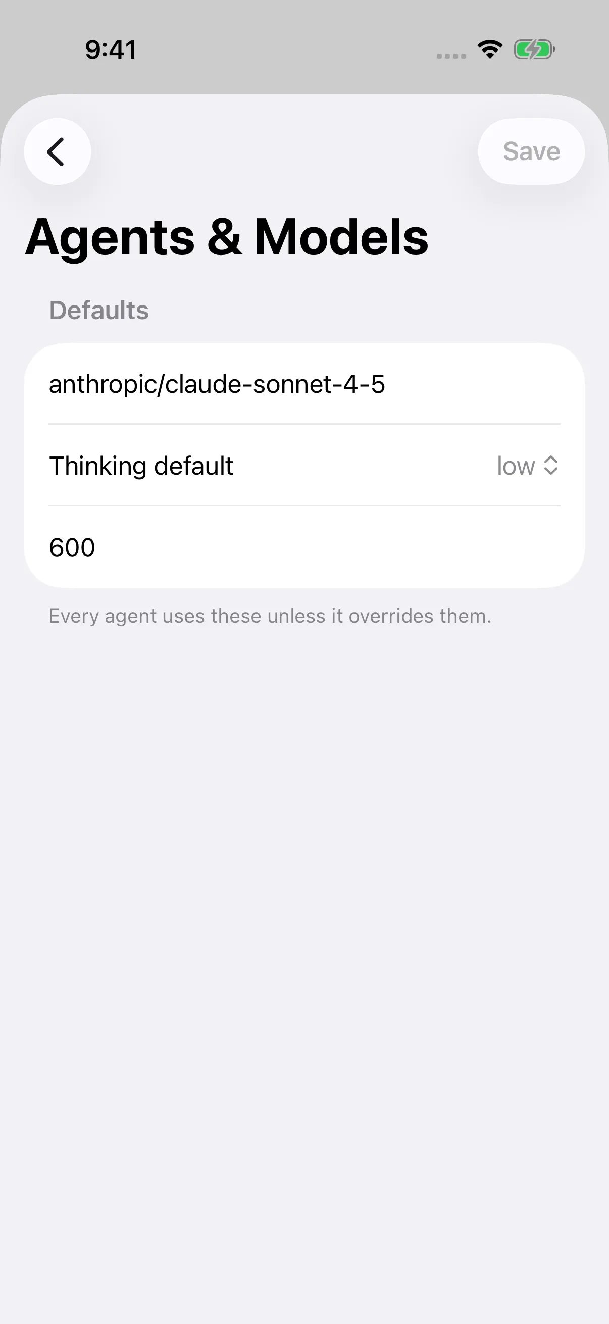 iPhone Agents and Models defaults with a model, thinking level, and timeout value of 600.