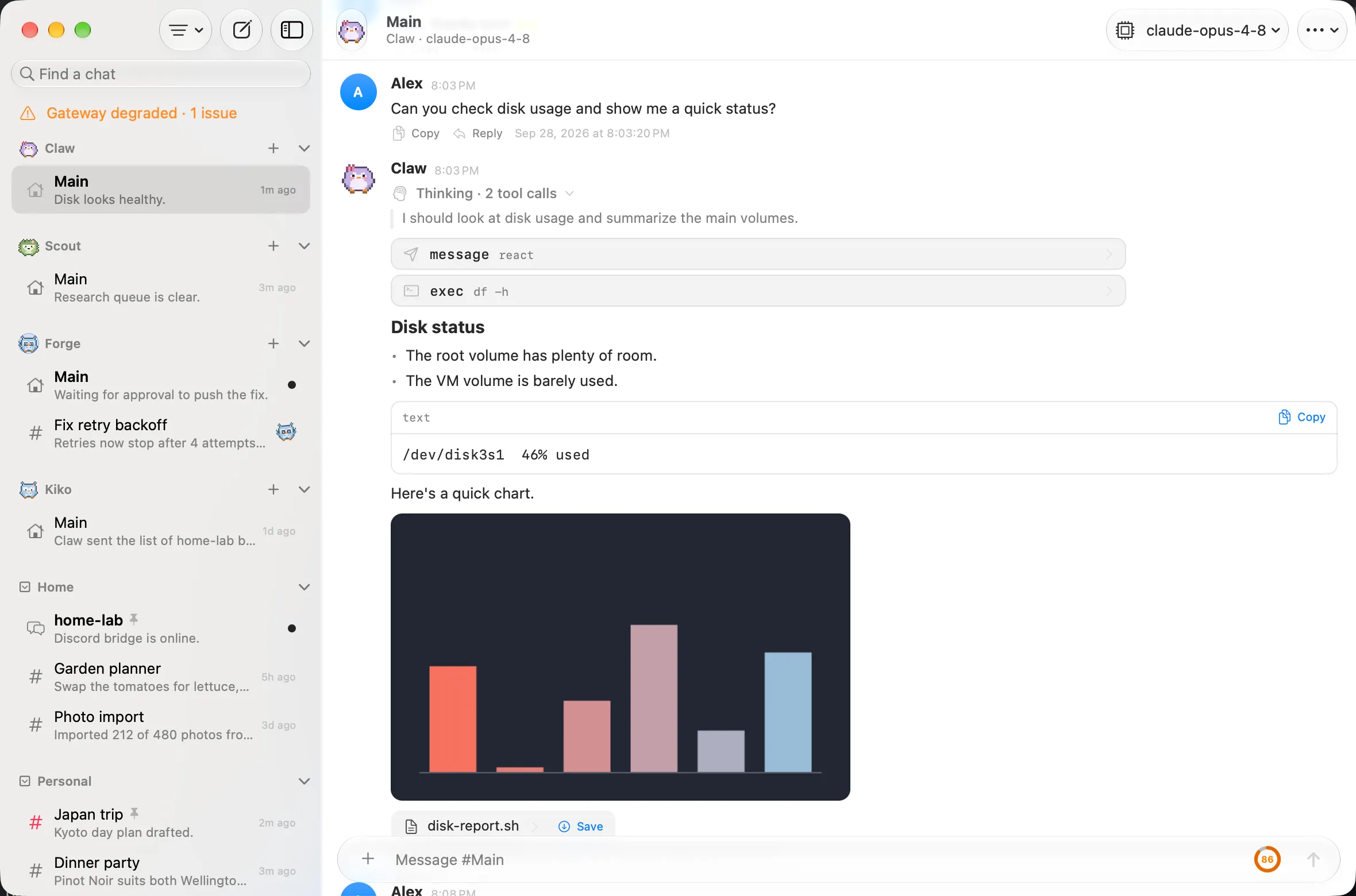 Pincer on macOS, demo capture with the fictional user Alex: agents in the sidebar and a chat showing thinking, tool cards, a code block and an inline chart.
