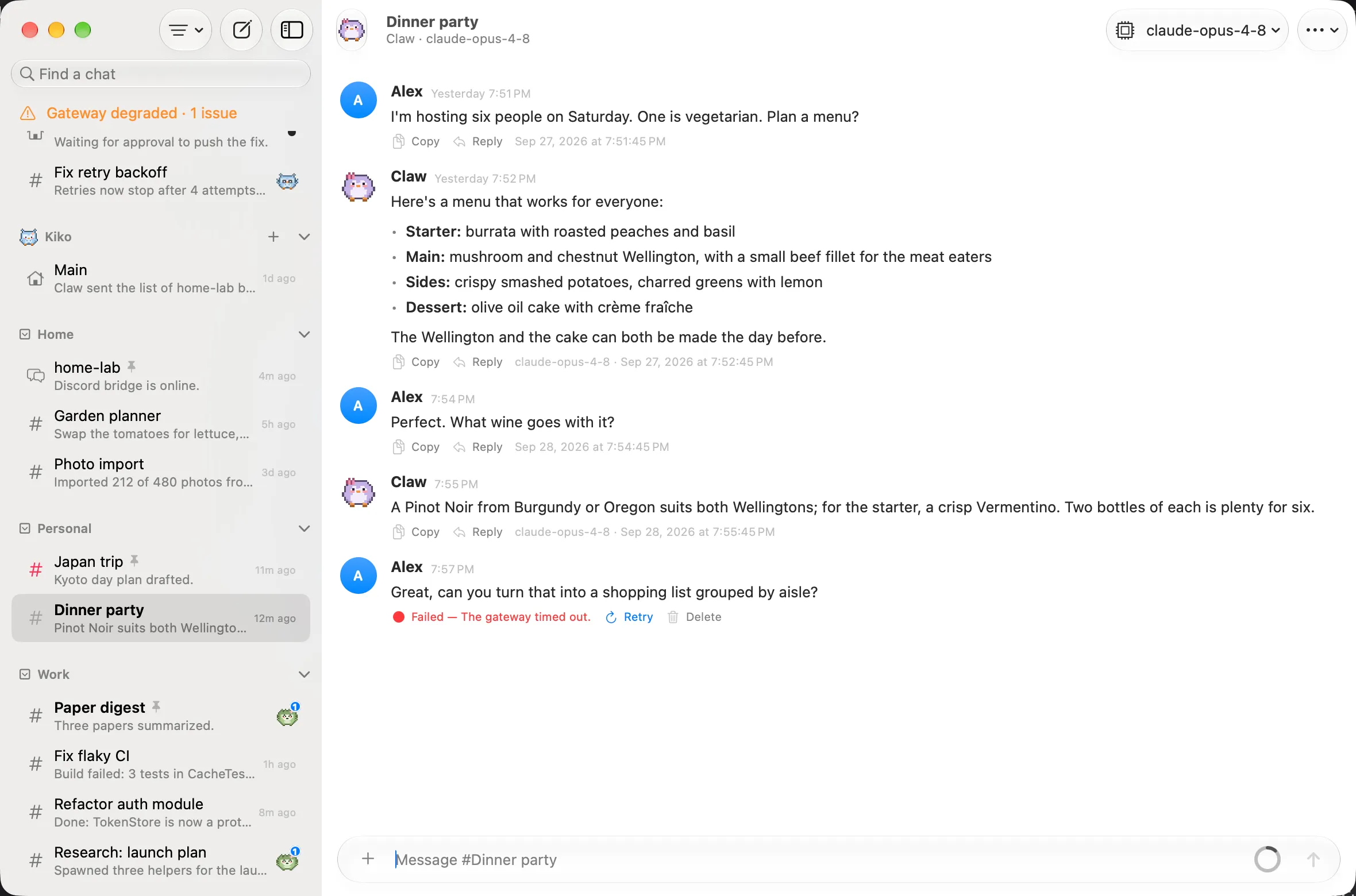 Pincer on macOS, demo capture: a chat with a failed message and Retry and Delete controls.