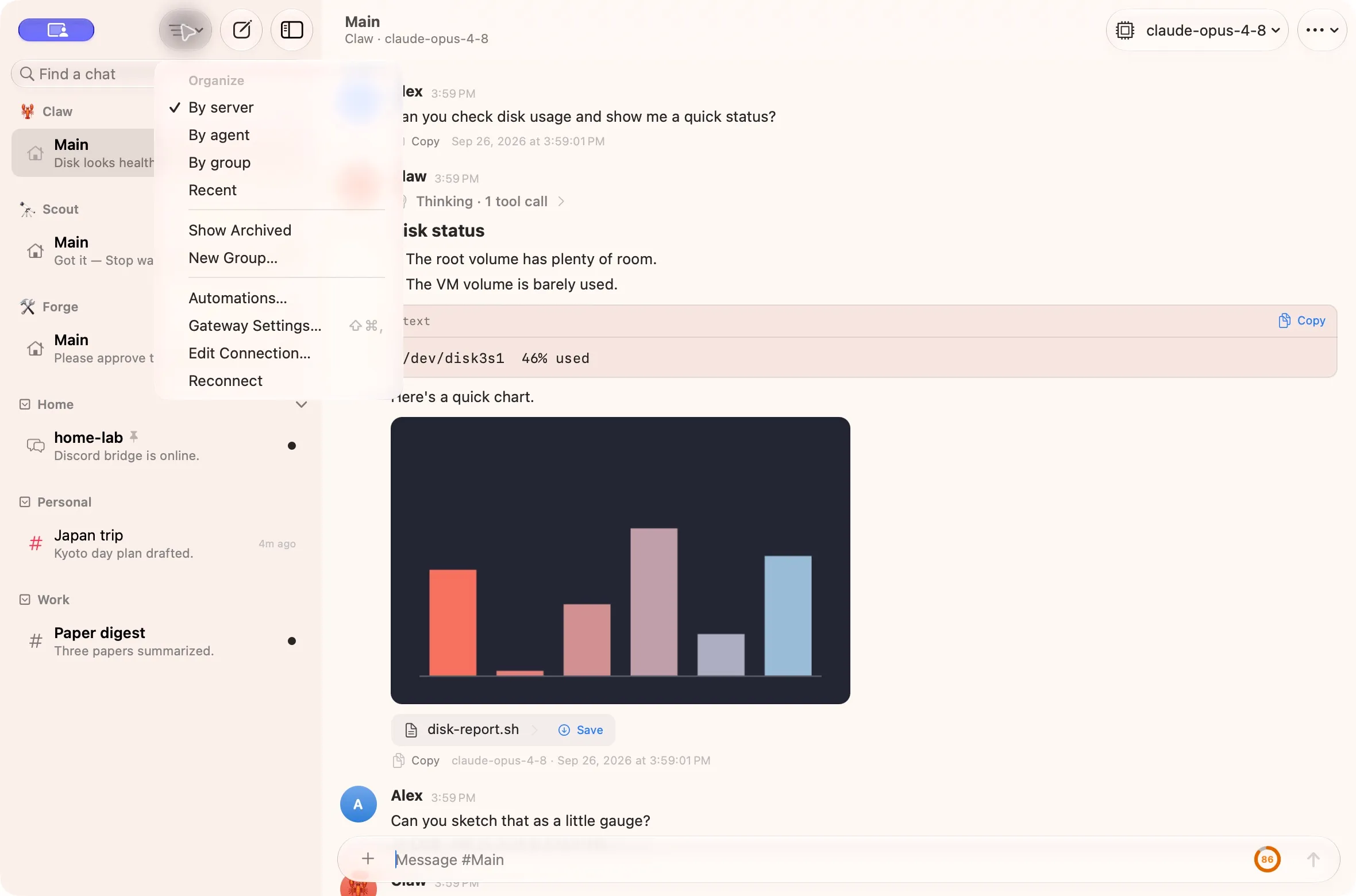 Organize menu with By server, By agent, By group, Recent, and the view options.