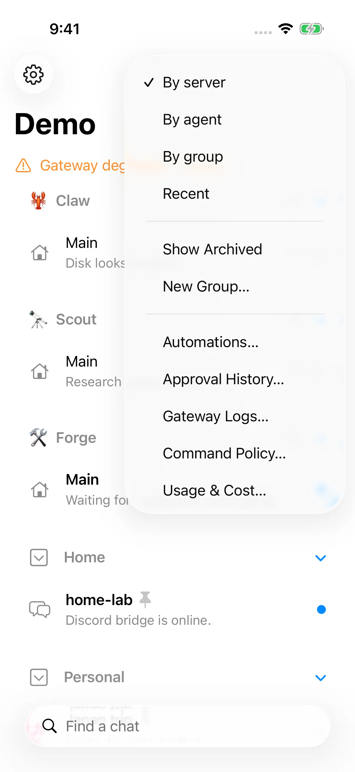 Pincer on iPhone, demo capture: the chat list grouped by agent and channel.