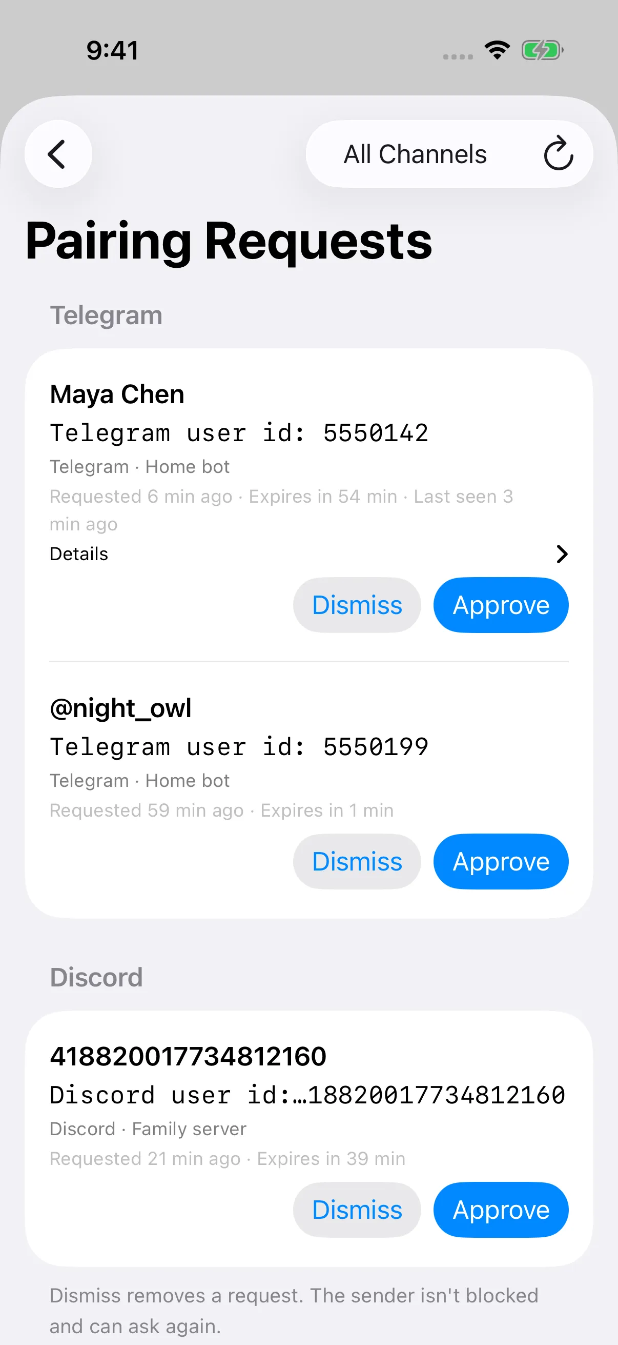 Message Requests with fictional Telegram and Discord senders and Approve and Dismiss controls.