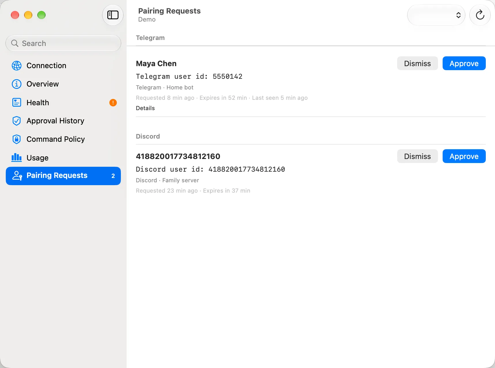 Message Requests with fictional Telegram and Discord senders and Approve and Dismiss controls.