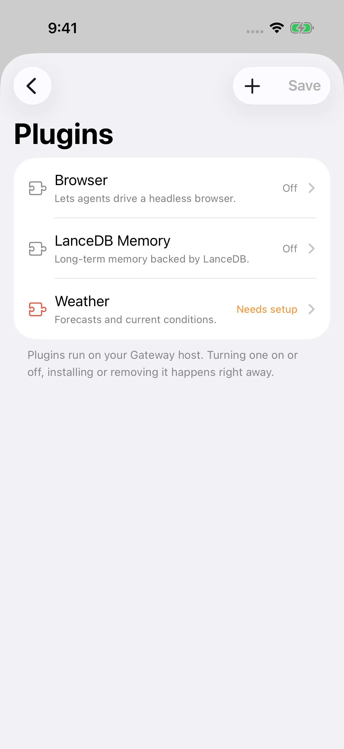 Plugins page showing Browser and LanceDB Memory off, and Weather needing setup.