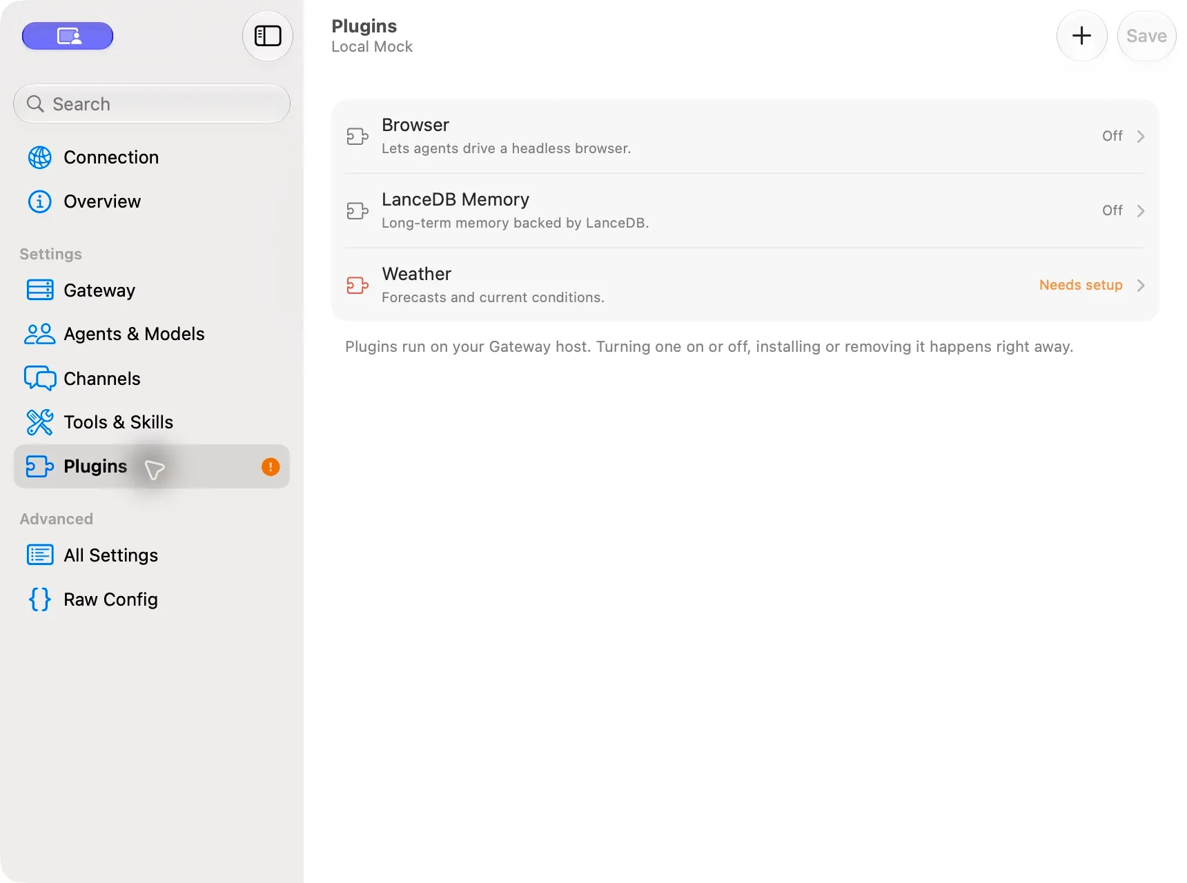Plugins page showing Browser and LanceDB Memory off, and Weather needing setup.