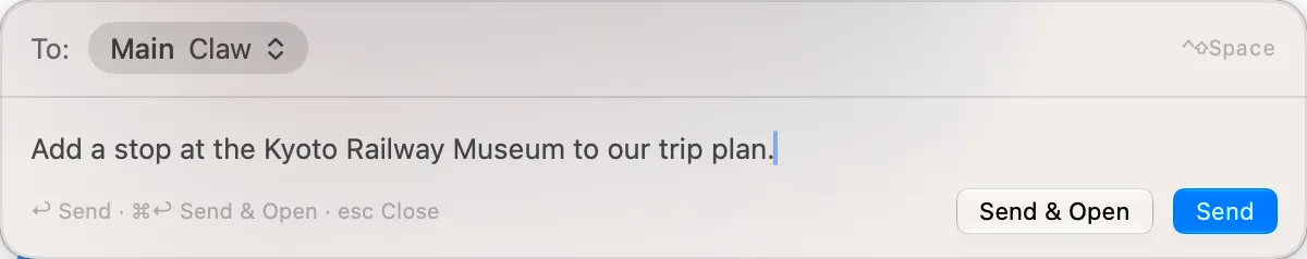 Pincer on macOS, demo capture: the Quick Capture panel with a message ready to send.