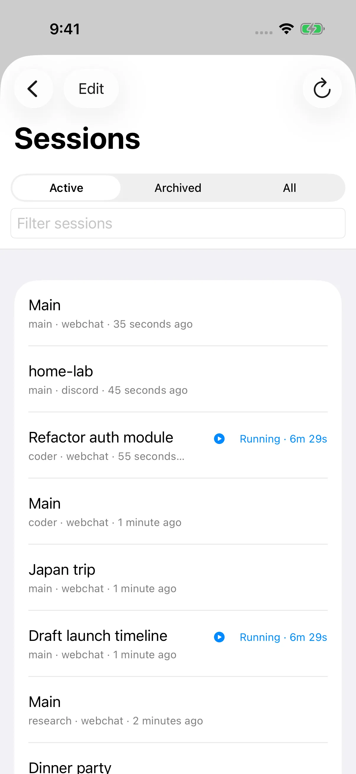 Session manager listing demo chats with agent names and run statuses. iPhone view.