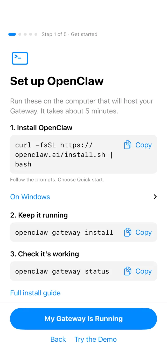 Set up OpenClaw on iPhone, with My Gateway Is Running at the bottom and Back and Try the Demo under it.