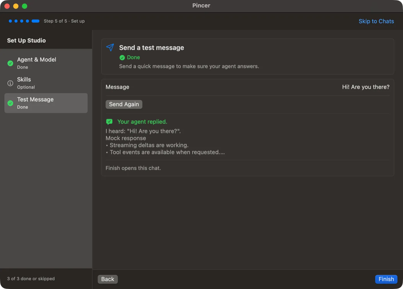 Setup's Test Message step marked Done, with the message Hi! Are you there?, a Send Again button, Your agent replied. with the start of the reply, and Finish opens this chat.