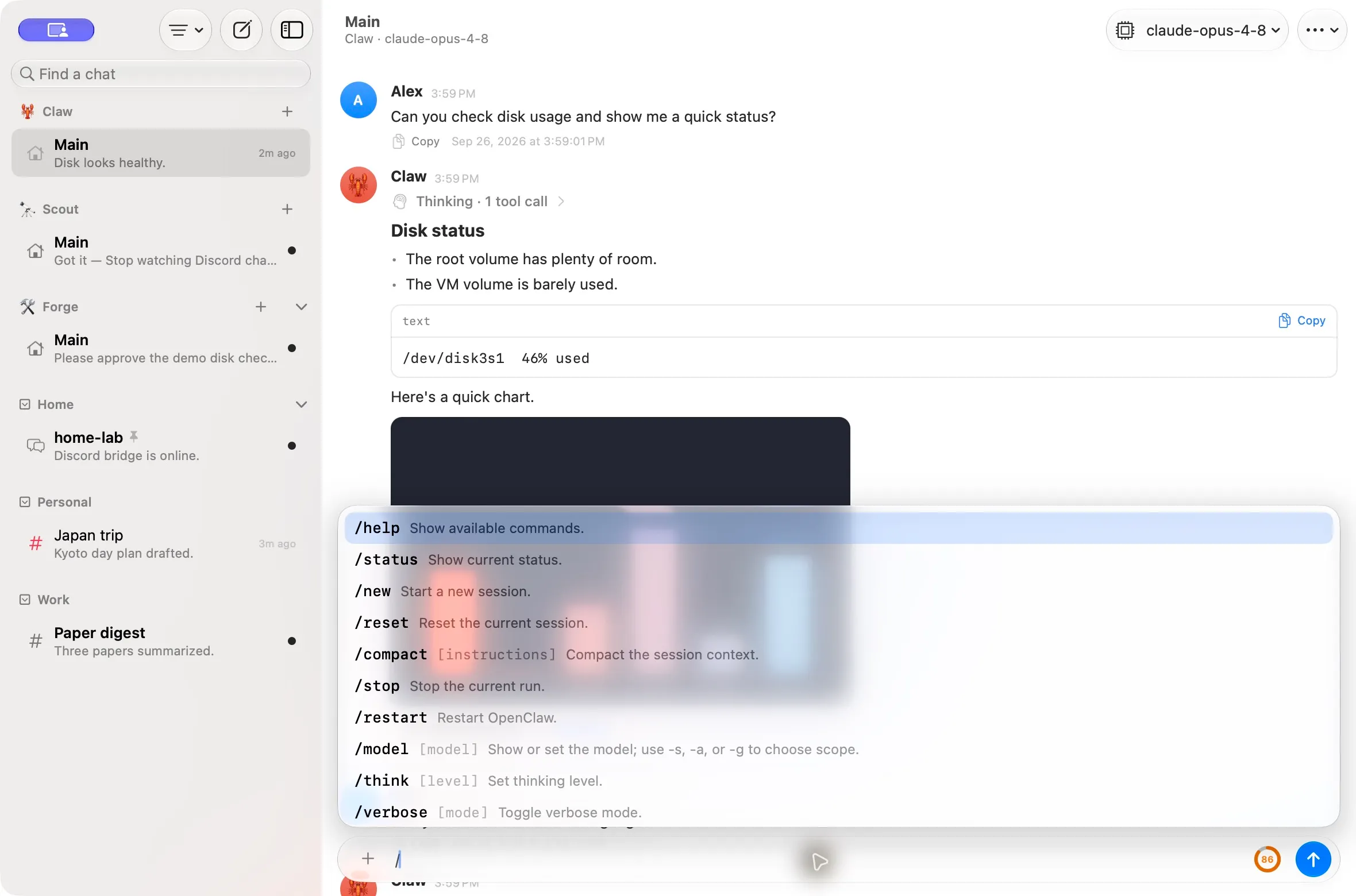 Slash command suggestions above the composer, including help, status, compact, and model.