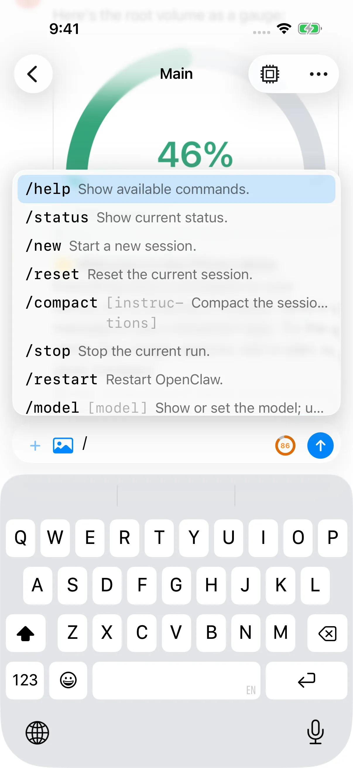 Slash command suggestions above the iPhone keyboard.