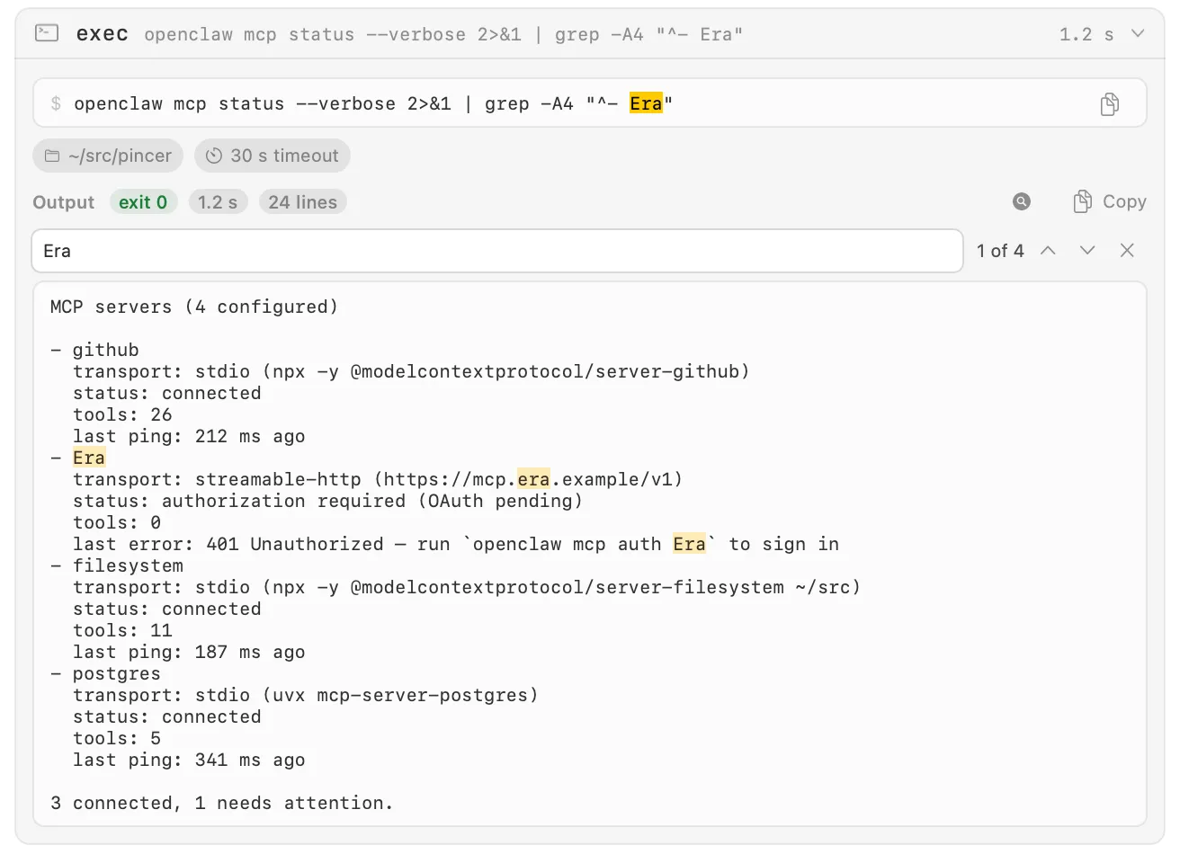 An exec card with a search field under the Output title showing Era, four highlighted matches and 1 of 4.