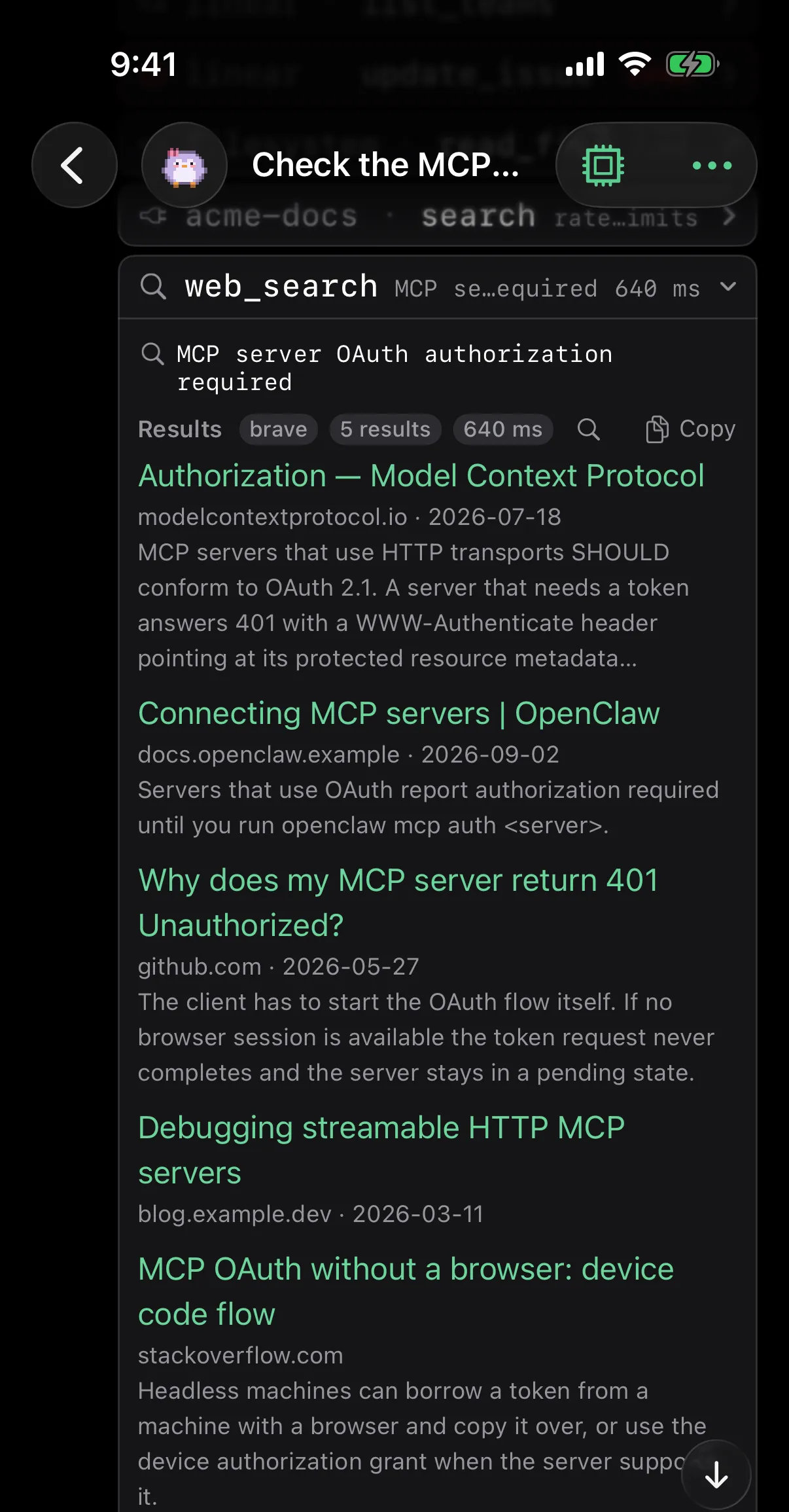 A web_search link list in dark mode on iPhone.
