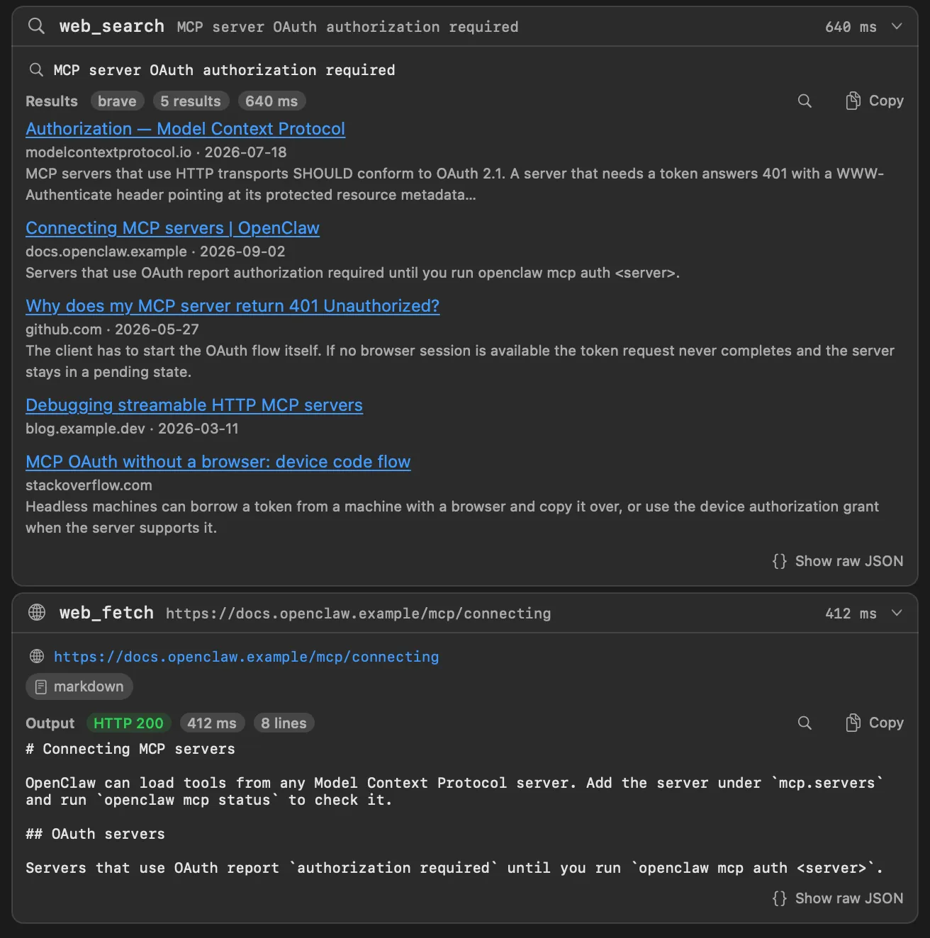 A web_search link list and a web_fetch card in dark mode.