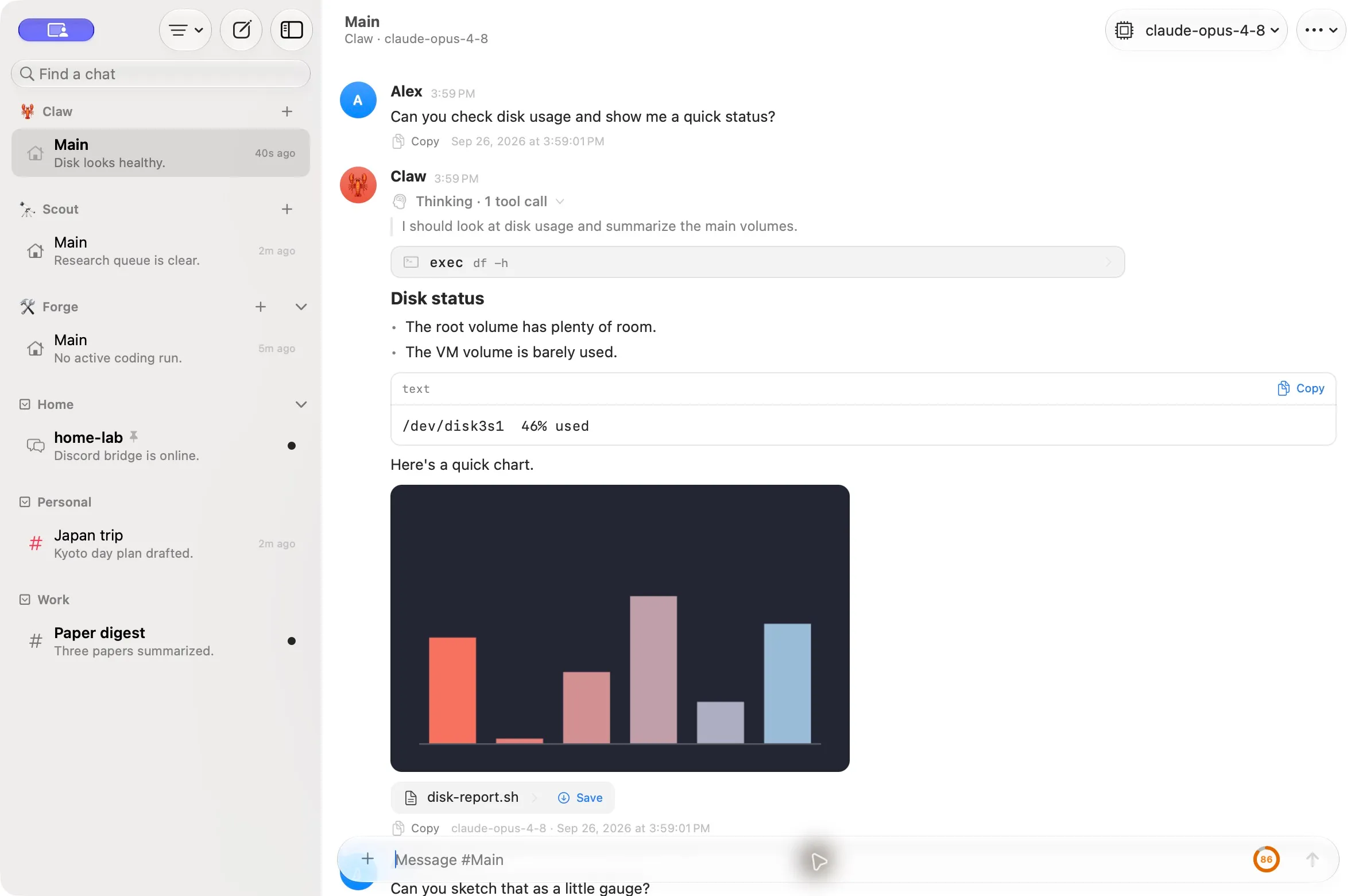 Pincer on macOS, demo capture: a transcript with a thinking section and tool-call cards.