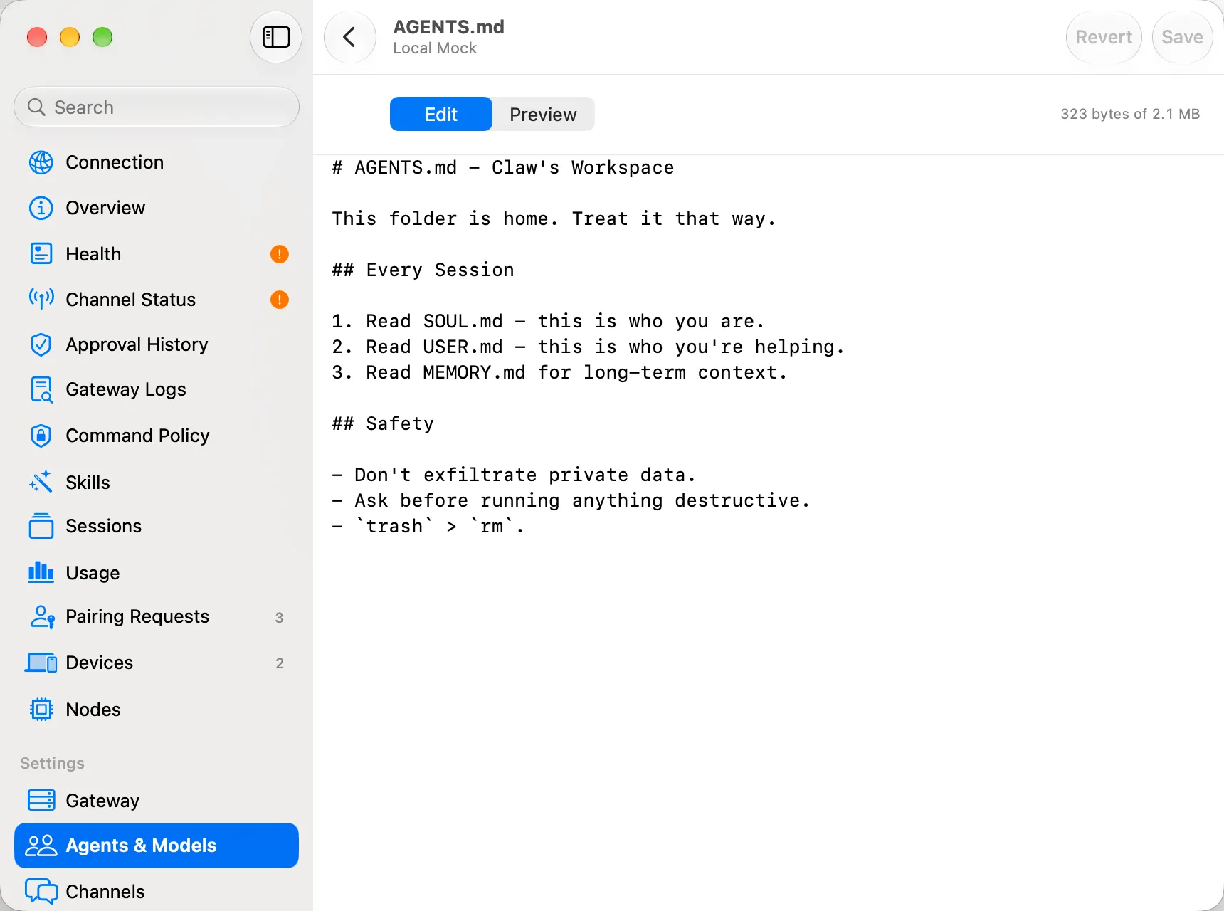 AGENTS.md open in the workspace file editor with Edit and Preview controls.